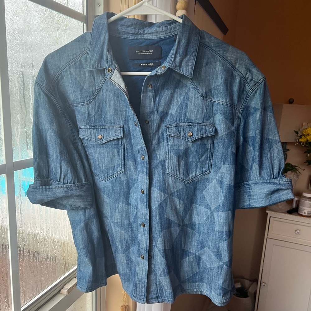 Scotch & Soda Denim Indigo Star Button Up Puff Sleeve Collared Top